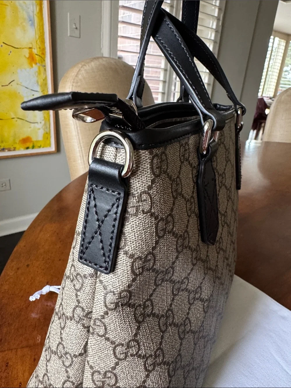 Gucci Beige GG Canvas Satchel with Black Leather Trim